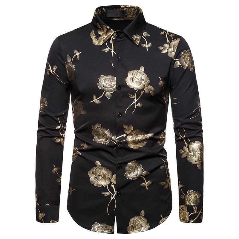 

Nightclub Men's Lapel Rose Hot Stamping Slim Long Sleeve Shirt, Black