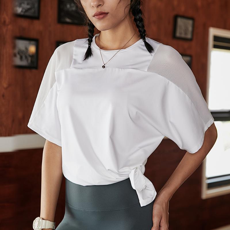 

Sports Women Short Sleeve Shirts Fitness Gym Wear Breathable Net Yarn Splicing Yoga Crop Top Workout Female Running Sportswear, Black