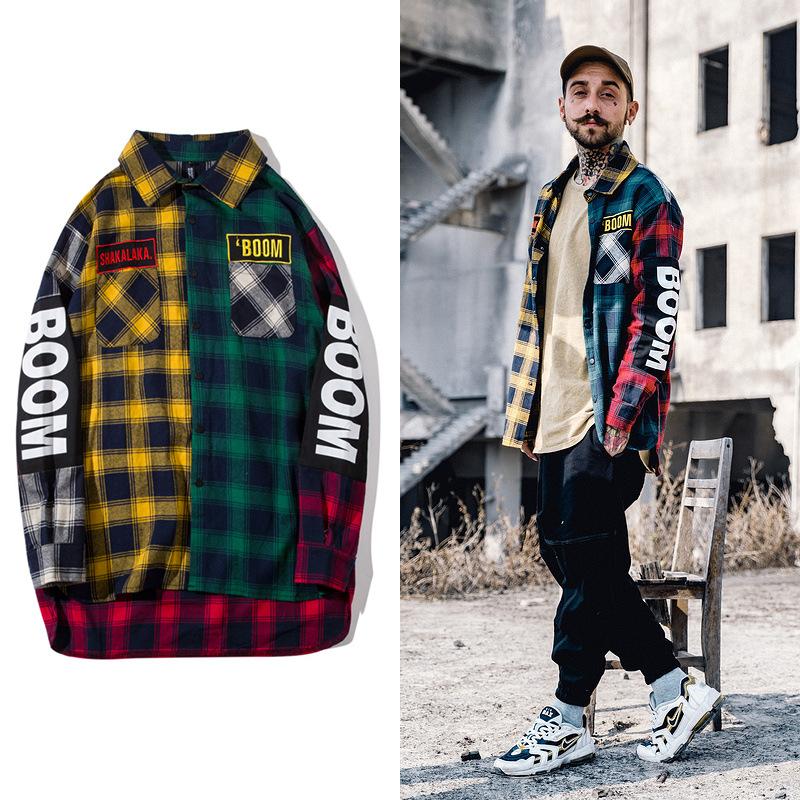 

New Fashion Plaid Shirt Men's Long-sleeved Tide Brand Hip-hop Wind Color Stitching Shirt Youth Lapel Casual Loose Couple, As showshow