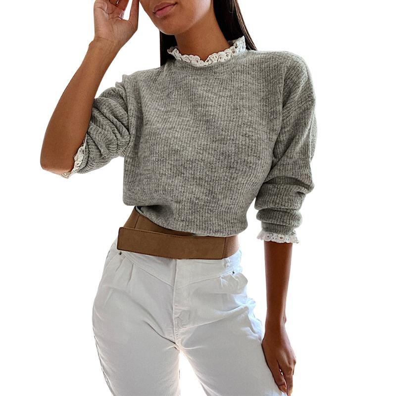 

Lace Turtleneck High Quality Sweater Women Pullover Autumn Winter Solid Knitted Sweater Casual Female Vintage Oversized, Grey