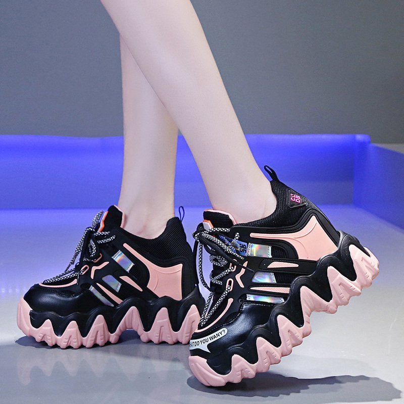 

2021 The New Chunky Hidden Platform Heels Pink Laser Woman Thick Vulcan Women Lace to Shoes Ladies Sqe0, Green