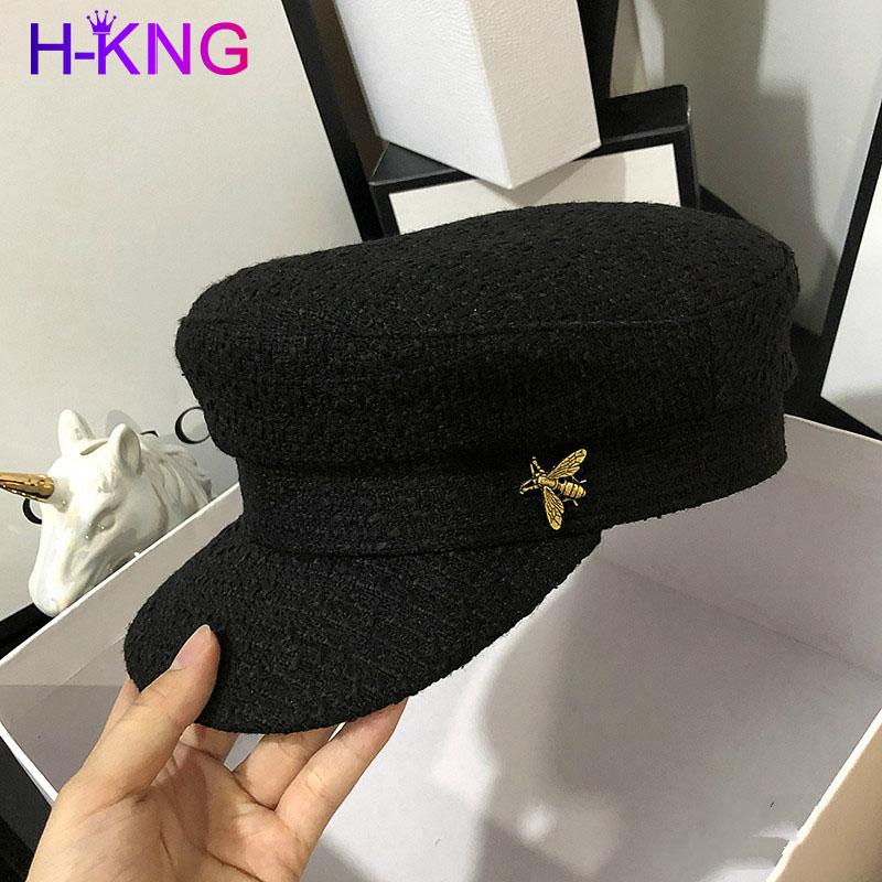 

Stingy Brim Hats H-KING Spring And Winter Style British Retro Navy Hat Bee Logo Ladies Octagonal Fashionable Light Luxury, White