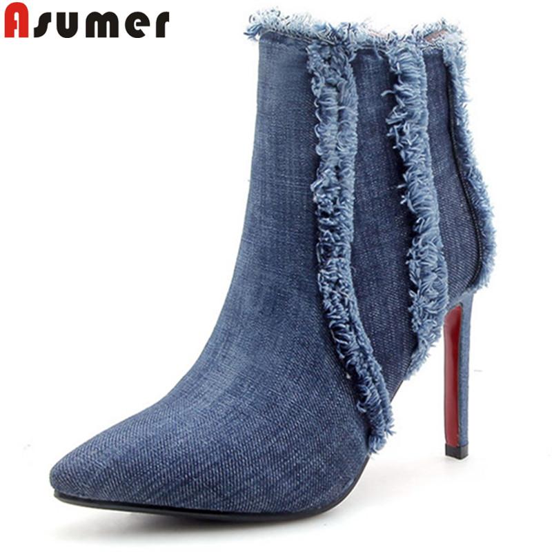 

ASUMER 2020 new arrival ankle boots for women pointed toe zip denim autumn winter boots elegant thin high heels big size, Black