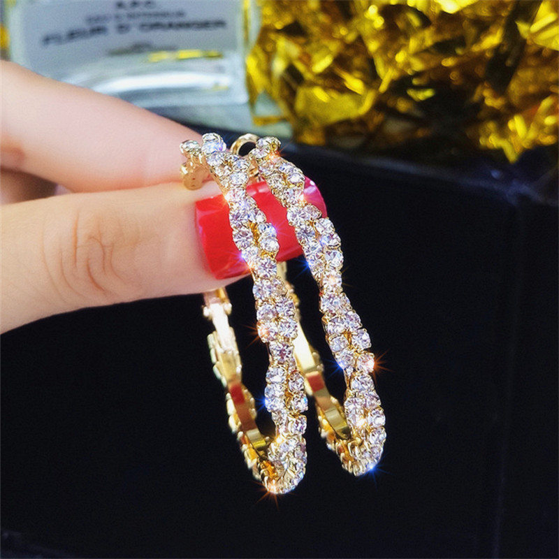 

Woman Earrings Modern Female Gold Hanging Hoop Crystal Fashion Jewelry S925 Silver Needle Circle Diamond Earrings, Golden;silver