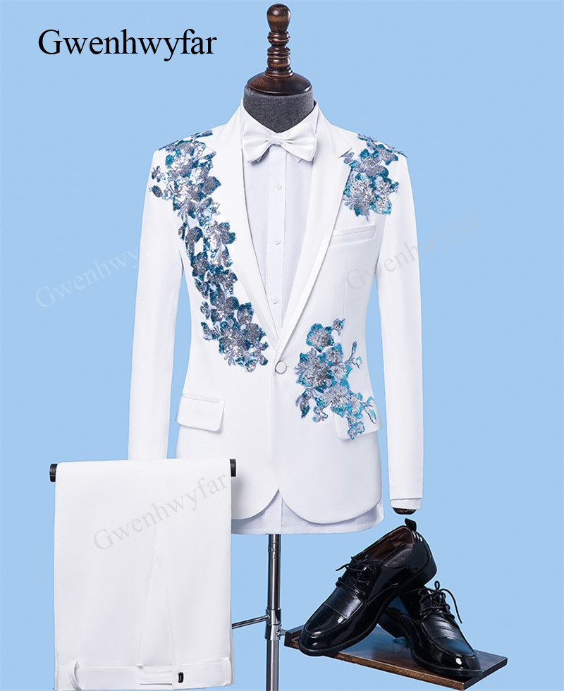 

Gwenhwyfar Brand New White Blue Grey Appliques Mens Tuxedos Singer Party Suit 2018 Men Groom Wedding Suit Blazer Hombre Slim Fit, White;black