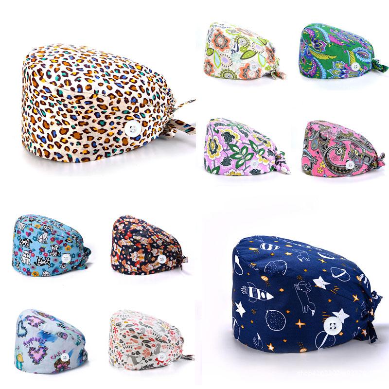 

New Fashion Flower Printed Hat with Button Casual Unisex Scrub Cap Cotton Elastic Printed Room Hat Working
