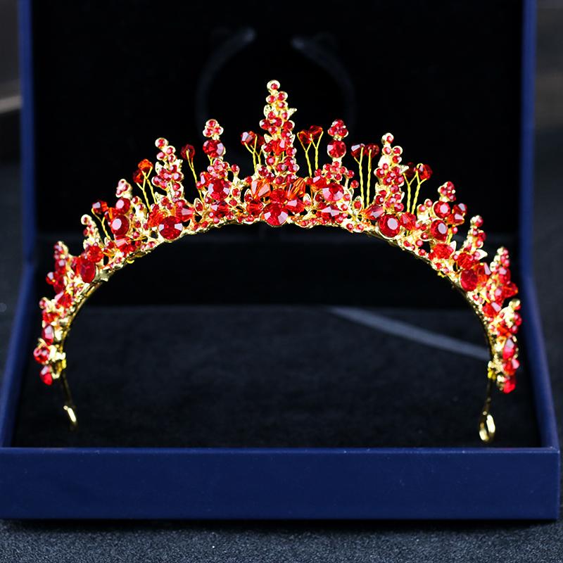 

Baroque Vintage Gold Hair Accessories Red Crystal Tiaras Crowns Bridal Women Headpiece Pageant Prom Wedding Hair Jewelry Gifts