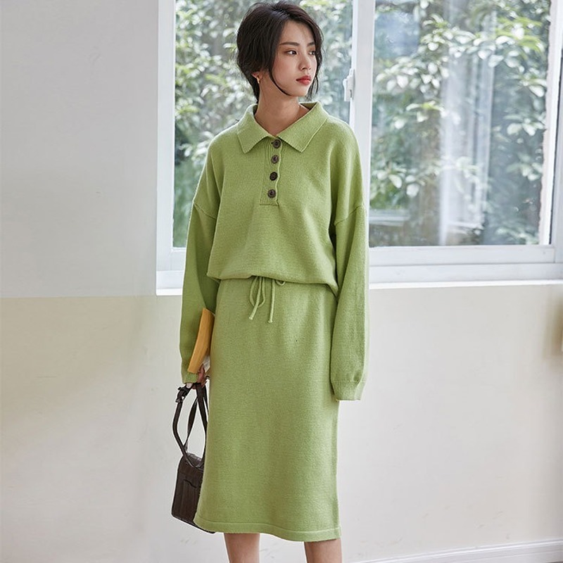 

2021 New Oversized 2 Piece Defines Women's Clothes Solid Polo Turtlenecks Loose Mesh Tops Straight at Knee Height C454, Green