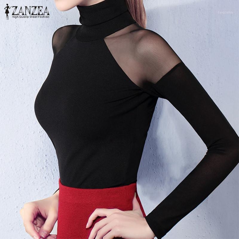 

ZANZEA Women 2020 Autumn Sexy Blouse Shirts Turtleneck Long Sleeve Mesh See Through Splice Blusas Tops Casual Pullover Plus Size1, White