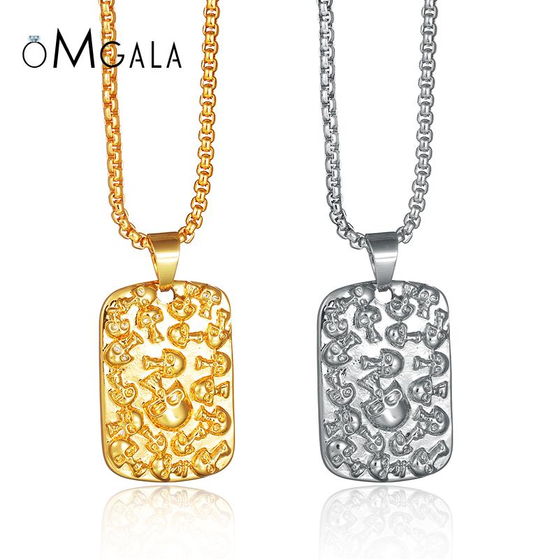 

OMGALA Skull Dog Tag Pendant Necklace Women Men Hip Hop Gold Color Long Chain Necklace Jewelry Steampunk Bling Bling