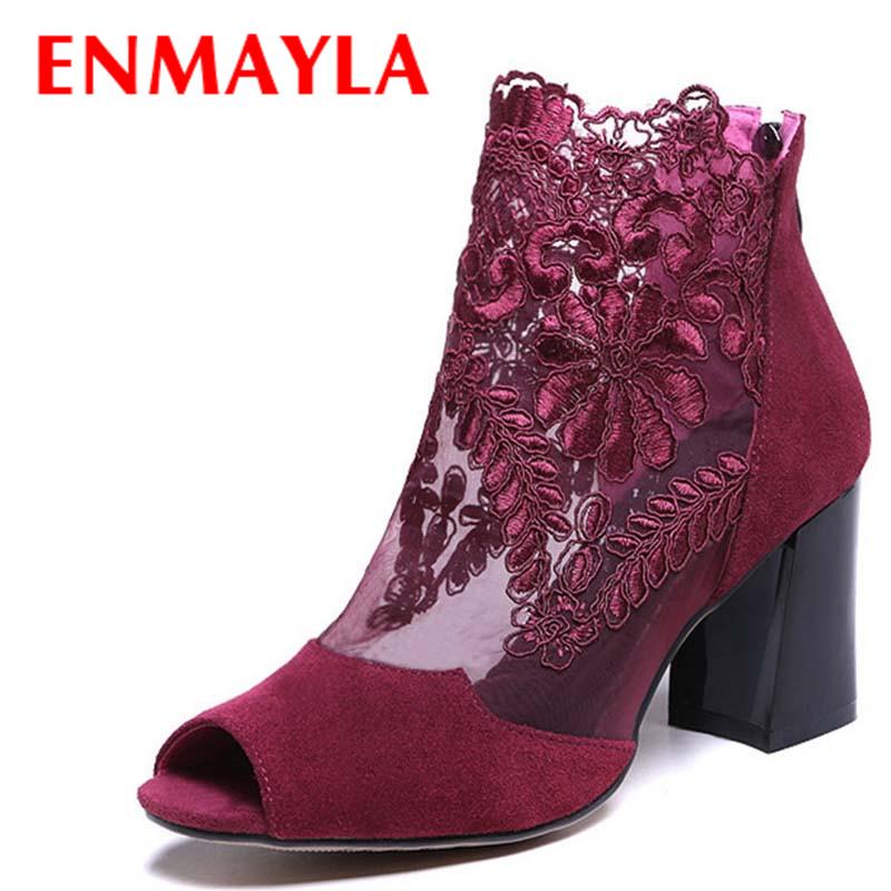 

ENMAYLA Short Boots For Women New Round Toe Hoof Heels Sheepskin Lace Boots Zip Ladies Spring/Autumn Peep Toe Ankle, Black