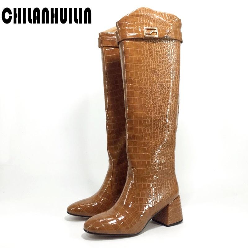 

brand autumn winter dress shoes women knee-high boots fashion crocodile pattern microfiber runway shoes high heels woman, White