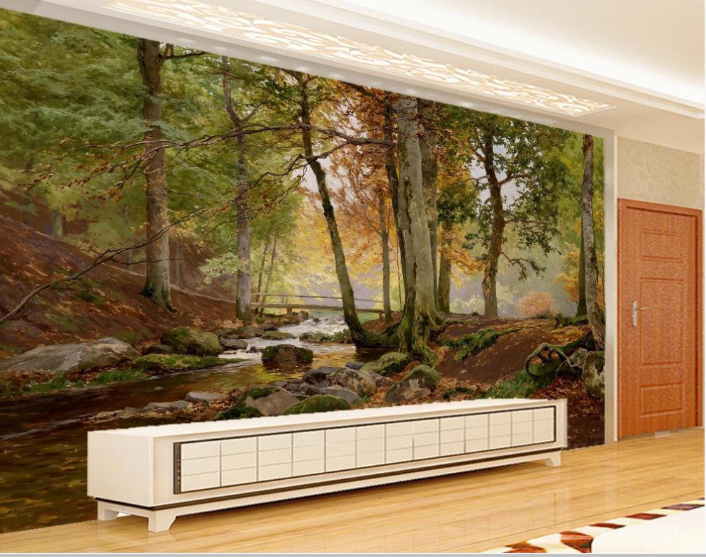 

3d customized wallpaper beautiful scenery wallpapers Landscape oil painting forest wallpapers stream TV background wall, Green