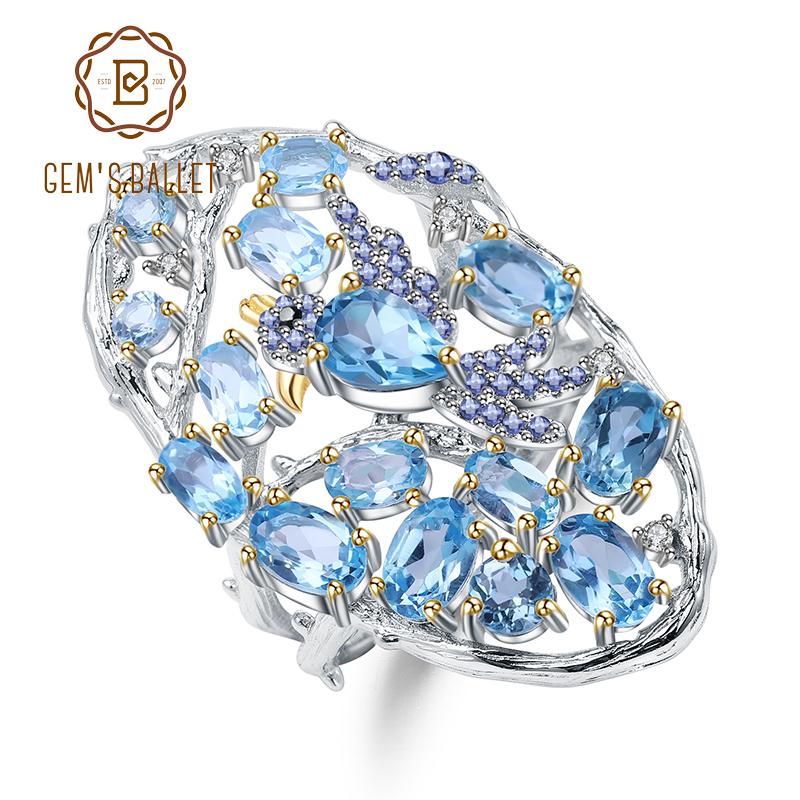 

Cluster Rings GEM'S BALLET 6.12Ct Natural Swiss Blue Topaz Finger Ring 925 Sterling Silver Handmade Hollow For Women Fine Jewelry