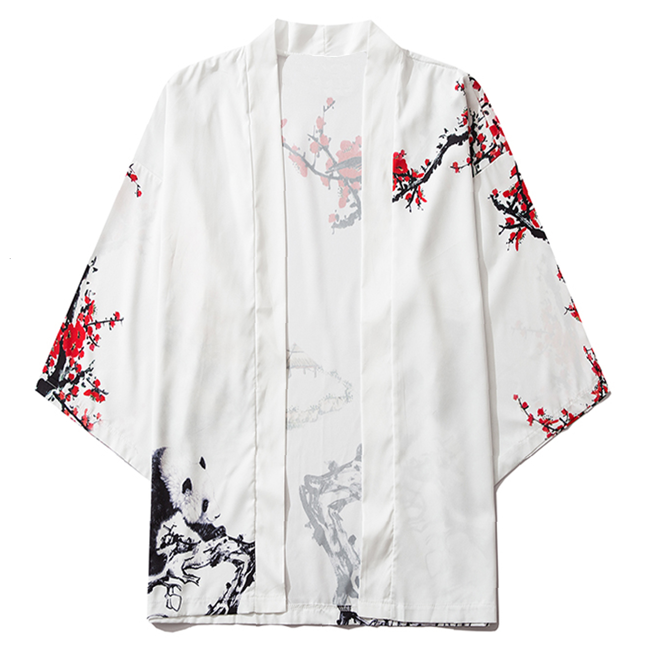 

2021 New Aelfric Eden Panda Plum Blossom Harajuku Japanese Jacket Hawaiian Shirts Summer Streetwear Front Open Coats Kimono Rpqg, White