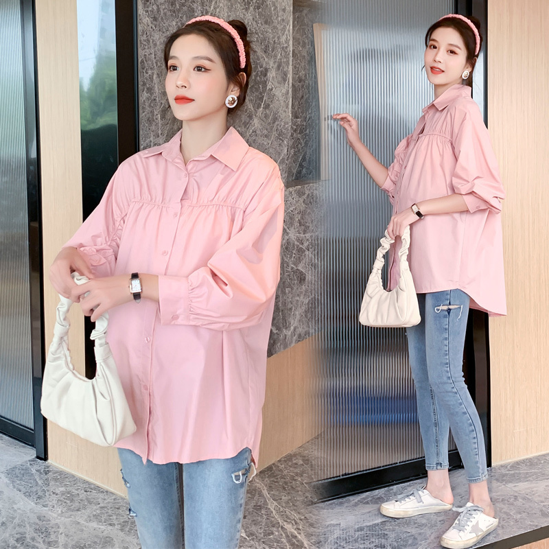 9397# 2020 Autumn Korean Fashion Maternity Blouses Loose Shirts Clothes for Pregnant Women Ruching Pregnancy Tunic Nursing Tops LJ201120