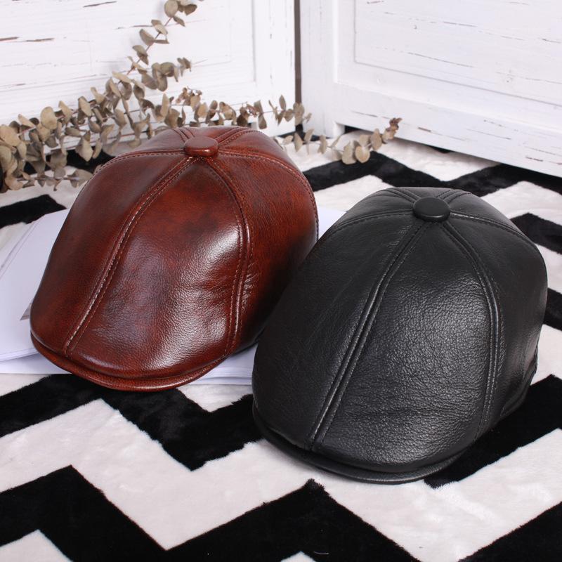 

Winter Men's Genuine Leather Berets Hat Autumn Thin Casual Fashion Middle-aged Male Beret Cap Adult Men High Quality Hats H69441, Black