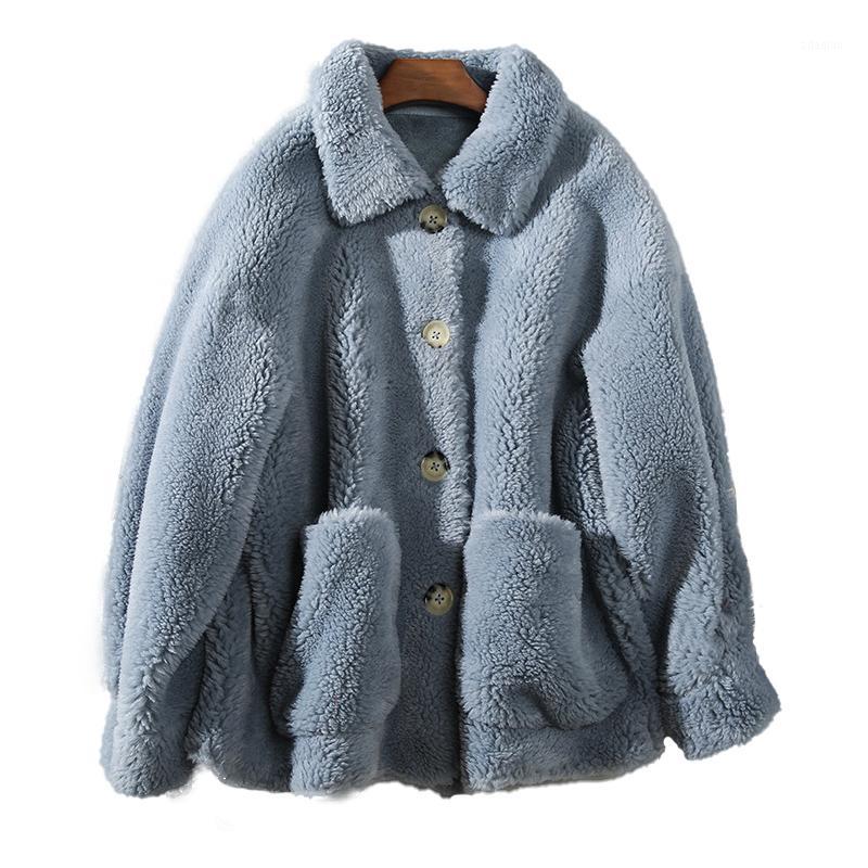 

Women Autumn Winter Real Lamb Fur Sheepskin Coat Genuine Granular Sheep Shearing Jacket Female Casual Warm Outerwear1, Blue