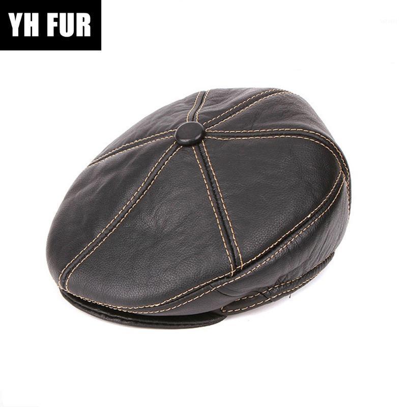 

New Fashion Leather Hat Men's Cowhide Leather Hat Beret Outdoor Cap Autumn Winter Men Genuine Caps Wholesal Retail1, Red brown