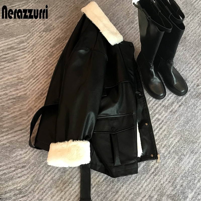 

Nerazzurri Winter oversized leather jacket women with faux rex rabbit fur inside Warm soft thickened fur lined coat long sleeve 210201, Black
