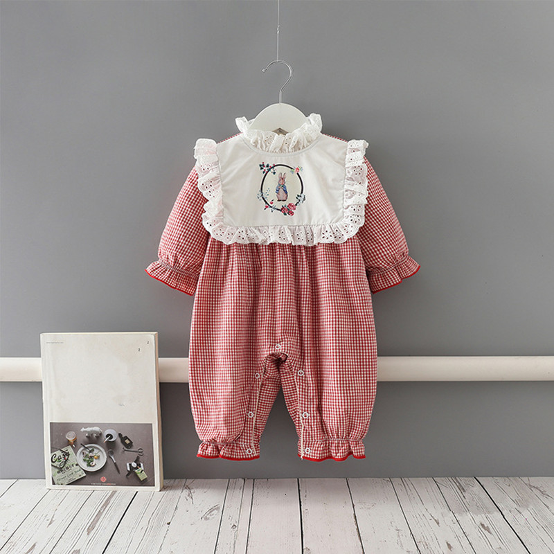 

2021 New Romper Winter Vintage Veet Newborn Baby Girl Clothes Plaid Long Sleeve Ruffle Elastic Jumpsuit Kids Outfit 0-2y Z9gv, Red