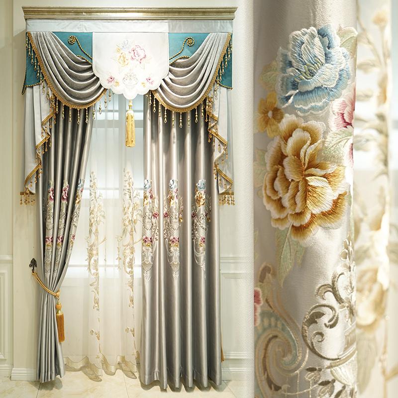 

Custom curtain European embroidered luxury villa shading Chenille thick coffee cloth blackout curtain valance tulle panel C205