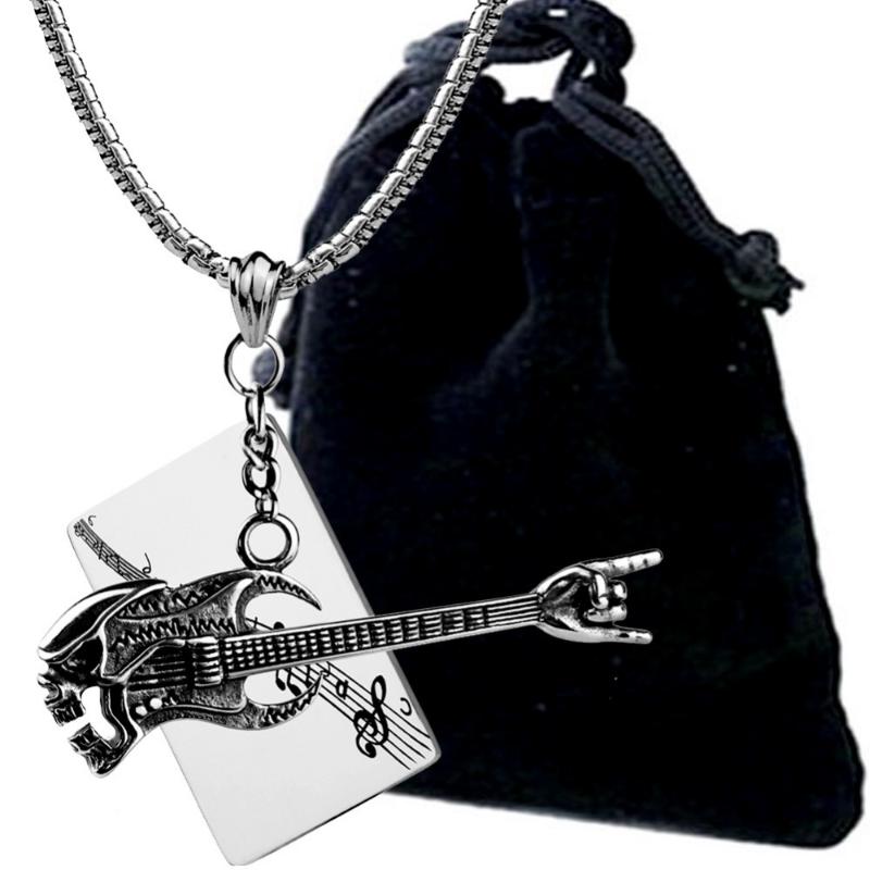

Fashion simple stainless steel hip hop titanium steel pearl chain musical instrument guitar skull pendant necklace hot sale