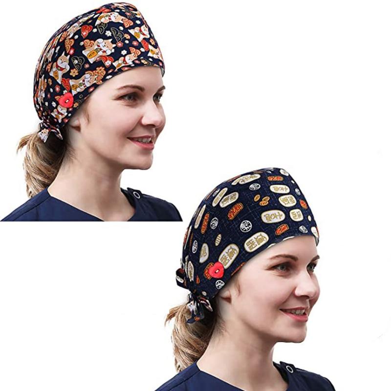 

2Pcs Working Cap with Sweatband Heart Buttons Cartoon Shiba Inu Floral Print Adjustable Tie Back Bouffant Hat Head Cover