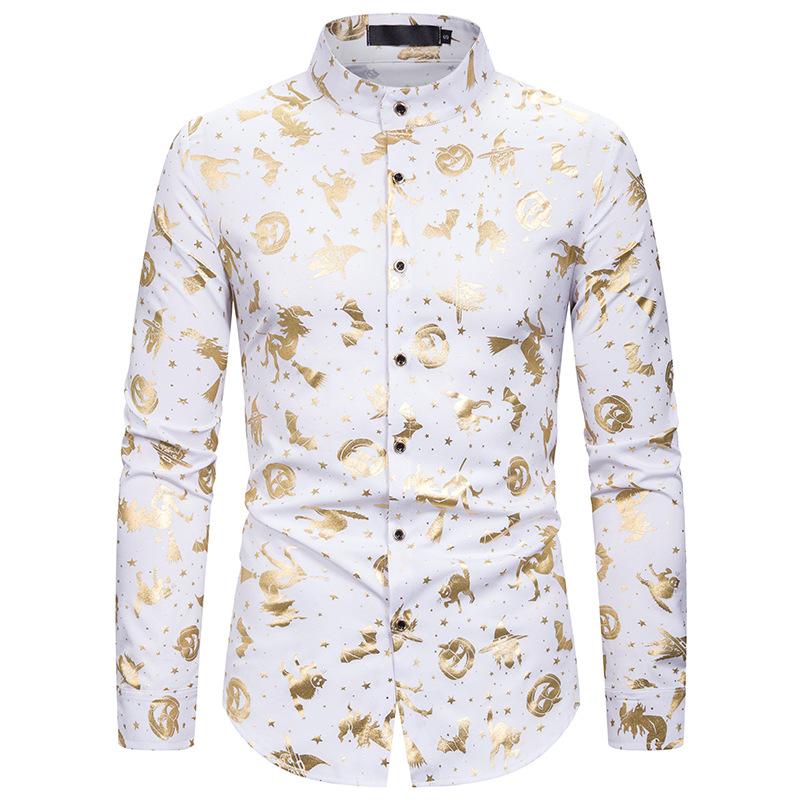 

Stylish Pumpkin Print Social Shirt Men 2020 Autumn New Bronzing Slim Fit Long Sleeve Chemise Homme Casual Business Shirt For Men, White