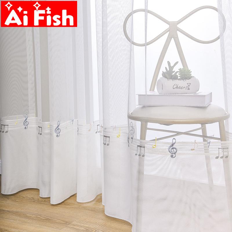 

White Embroidered with Double-layer Folds of Musical Note Lace Bottom Tulle Curtains Drape for Children's Bedroom Gauze ZH219#45