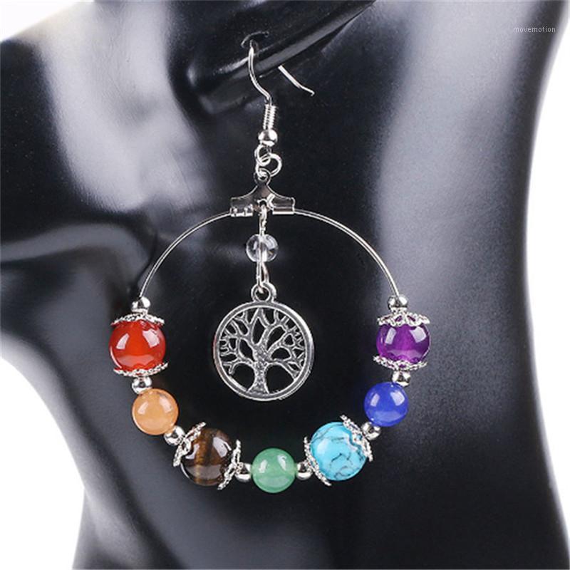

7 Chakra Tree Of Life 3D Charms Colorful Stone Beads Earrings For Woman Girls Long Dangling Ears Jewelry Gift1