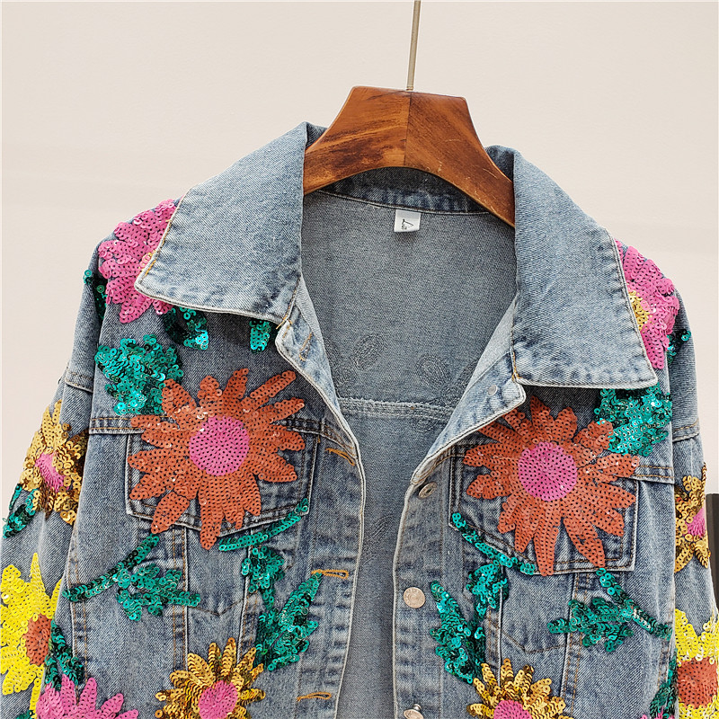 

2021 New Spring Summer Woman's Jacket Sequins Floral Embroidered Long Sleeve Denim Female Flower Loose Coat Woman Nq1z