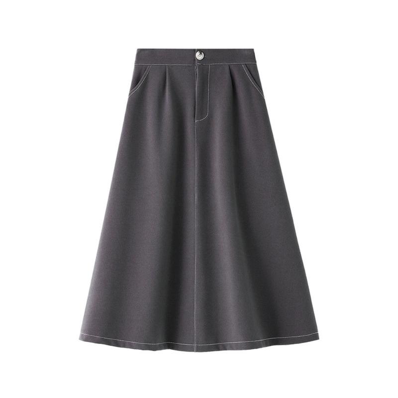 

2020 Autumn High Waist Black Gray Khaki Midi Length Skirt QZ0190 Fashion A Line Suit Button Zipper Waist Skirt With Pocket