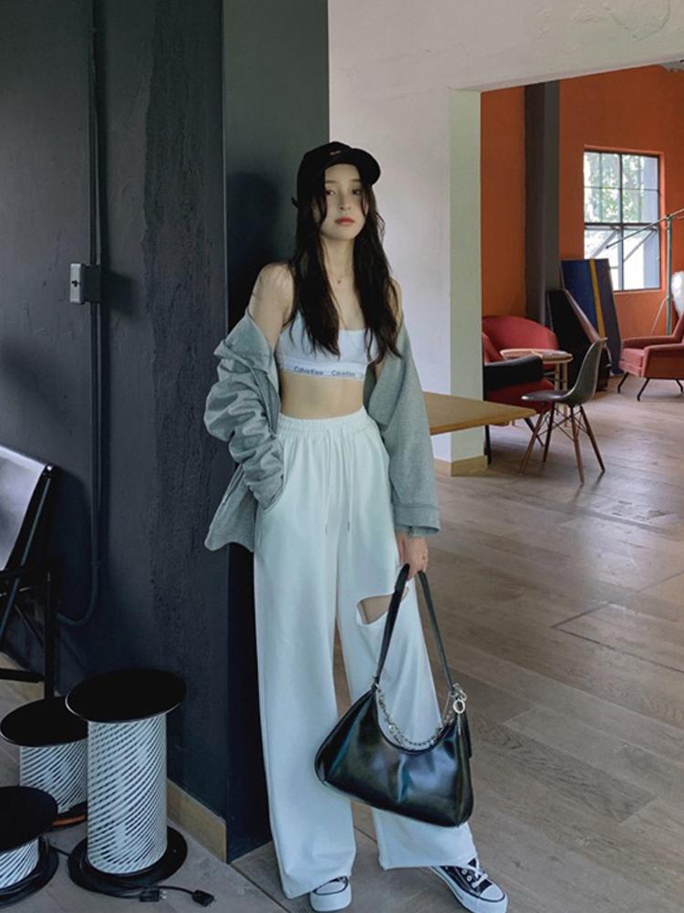 

Ripped wide-leg pants women' high waist drape 2020 utumn sports pants mopping casual loose straight trousers, Black