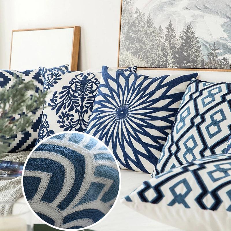 

Hot Towel Embroidered Cushion Cover Navy Blue/White Geometric Floral Canvas Cotton Suqare Throw Pillowcase for Sofa Home Decor