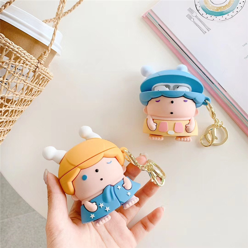 

3D Cute Cartoon Sleeping Baby Earphone Case For Apple Airpods 1 2 Case Silicone Protective Cover For Air pods 2 with Keychain, A for airpods 1/2