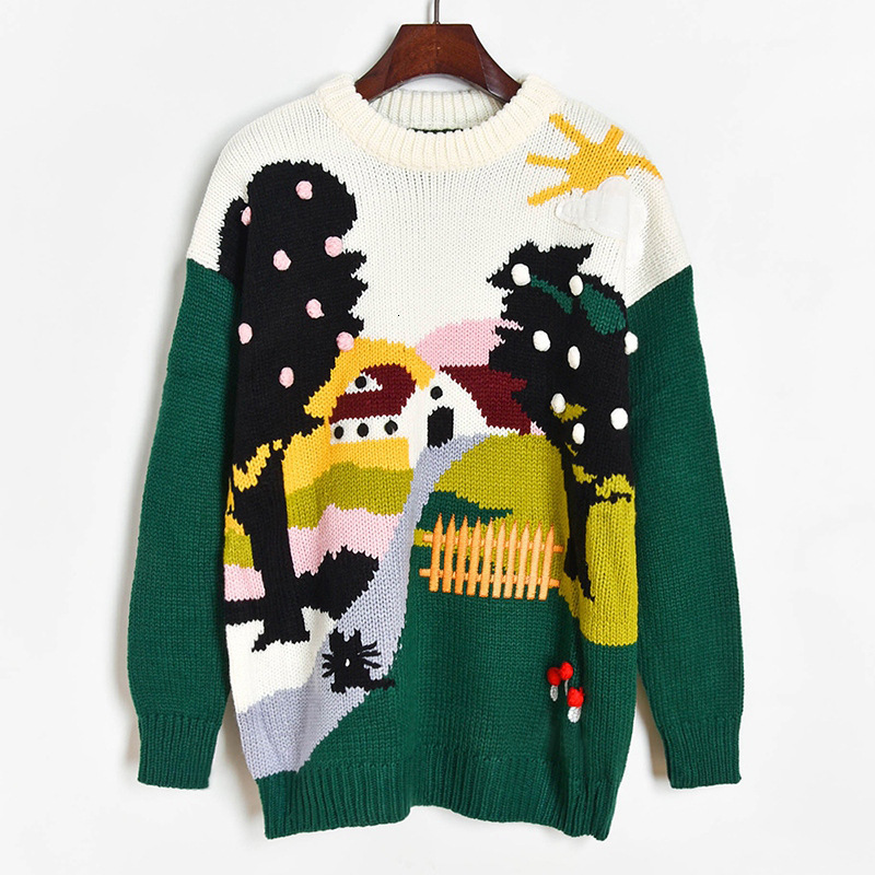 

High Street Women Long Christmas Sweaters Cartoon Home Crochet Pullovers O-neck Luxury Embroidery Girl Tops Jumper 6lse, Green