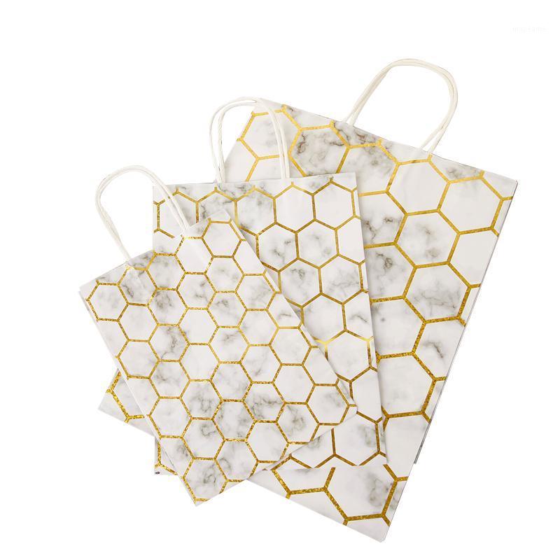 

10Pcs Bronzing marbled Hexagon kraft Festival Gift Bag Souvenir Bags DIY Multifunction Recyclable Paper Bag With Handles1