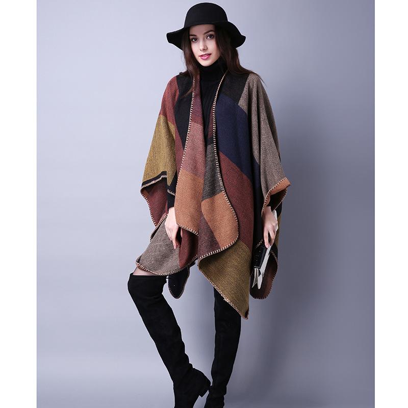 

Scarves 2021 Autumn And Winter Scarf Wild Plaid Ladies Travel Shawl Imitation Cashmere Ethnic Style Split Thickened Cloak Various Colors