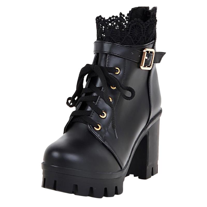 

SAGACE 2020 Women Boots PU Ankle Boots Spring Autumn Women Ladies Western Lace Student Shoes Plus Size 35-43 Jly17, Black