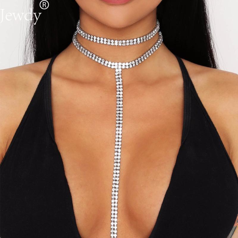 

Chokers 2021 Rhinestone Double Choker Necklaces Lariat Chain Pendant 90s Collier Women Chocker Statement Maxi Collar Wedding Jewellery