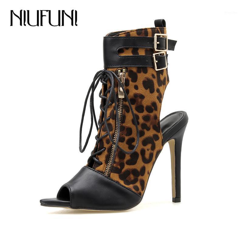 

NIUFUNI Women's Sandals Boots Sexy Leopard Ankle Wrap Shoes Woman Fashion Lace Up HIgh Heels Women Boots Female Shoes Summer1