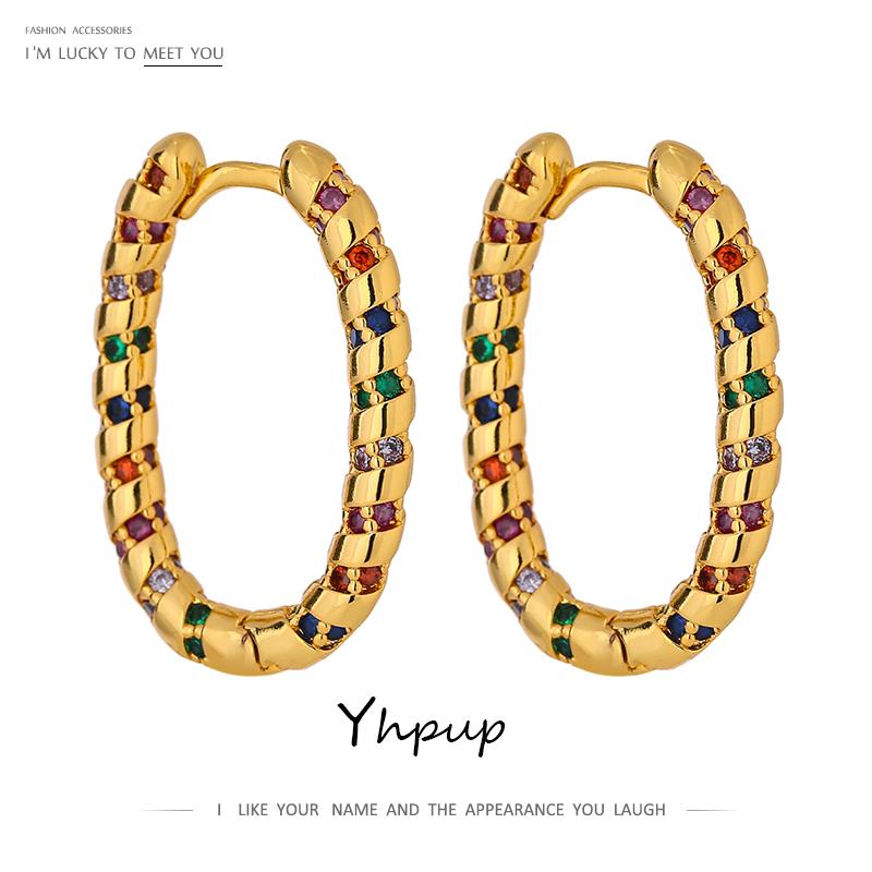 

Yhpup Fashion Ellipse Rainbow CZ Hoop Earrings High Quality Cubic Zirconia Geometric Hollow Trendy Earrings for Women Gift 2020