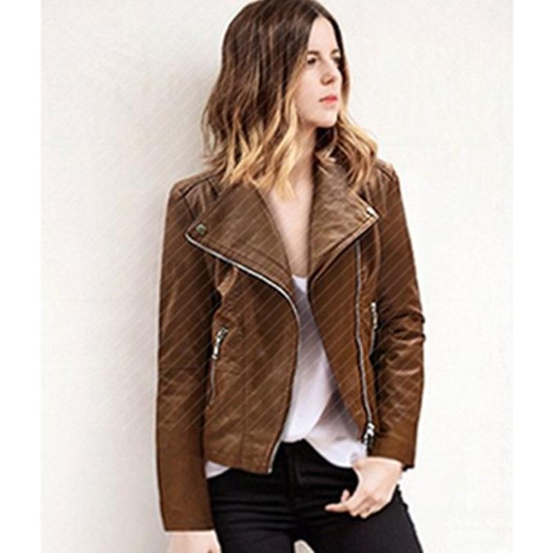 

Spring New Long-sleeved Motorcycle Leather Large Size Women's 2020 Cardigan Jacket Slim Thin PU Leather Short Jacket Female, Brown