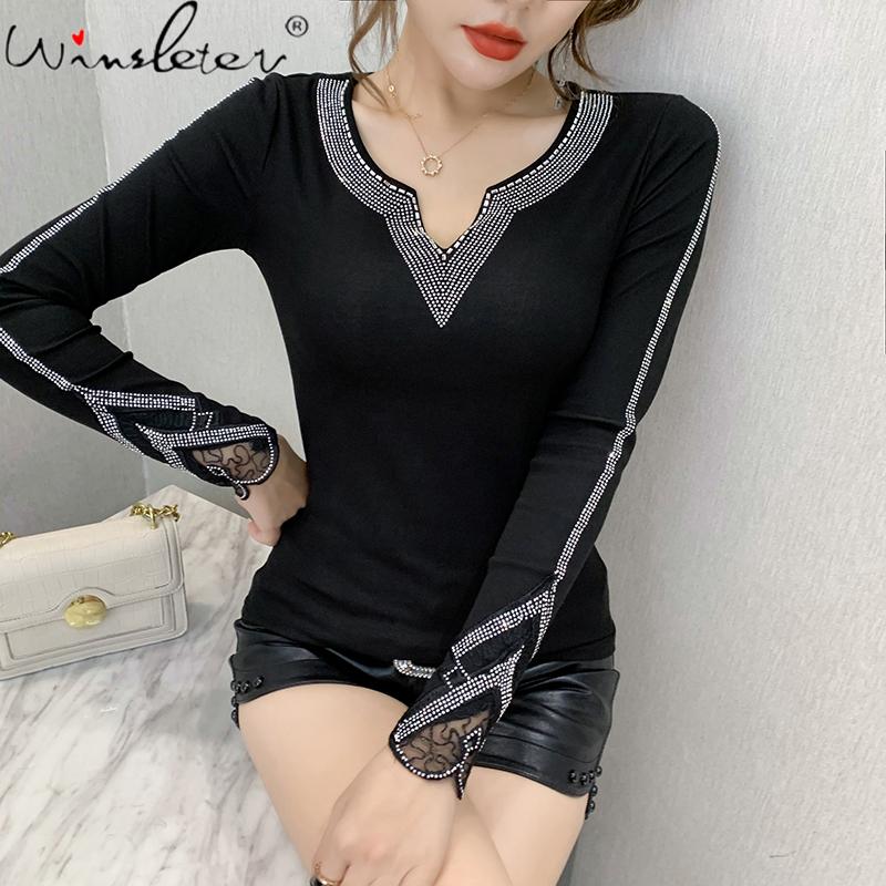 

Fall Winter Korean Style T-shirt Chic Sexy V-Neck Shiny Dimaonds Cotton Women Tops Long Sleeve Ropa Mujer Tees 2020 New T09223L, Dark blue tshirt