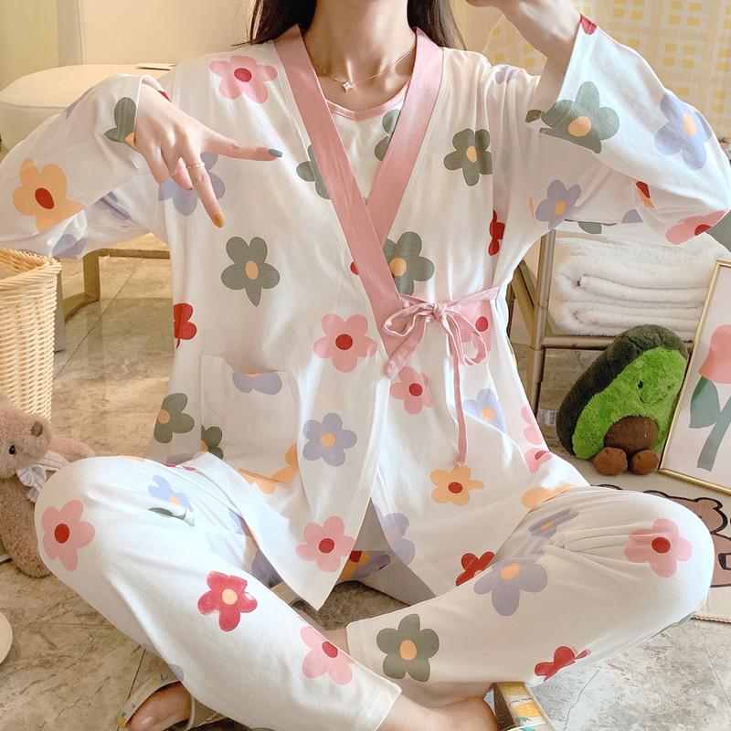 

3 PCs/Set Printed Maternity Nursing Sleepwear Breastfeeding Nightwear for Pregnant Women Pregnancy Breast Feeding Pajamas Suits#123, White