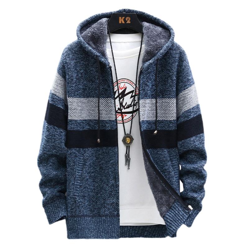 

Fleece Warm Sweater Men Winter Hooded Cardigan Mens Striped Slim Sweaters Patchwork Coat Knitted Men's Hoodie Jumper Clothing, Em283 light grey