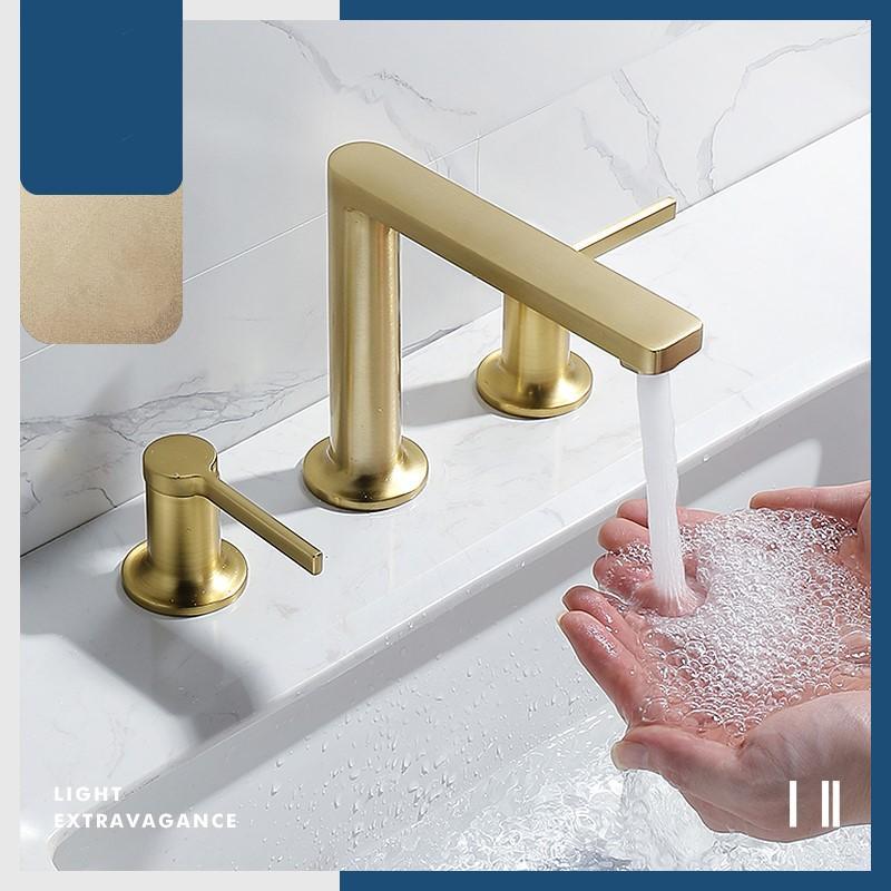 

Light luxury Brushed gold Brass bathroom sink faucet three holes two handles cold hot water mixer basin faucet tap