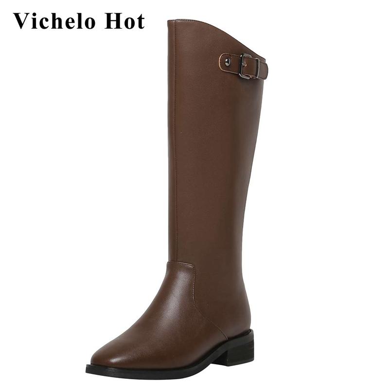 

Vichelo Hot equestrian boots split leather buckle decorations square toe thick med heel back zipper gorgeous knee-high boots L72, Black