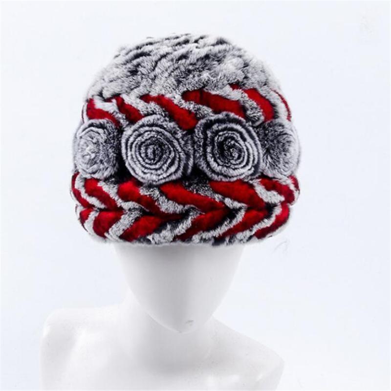 

Winter Hat for Women Real Rex Fur Knitted Warm Autumn Flower Rose Cap Fashion 2020 Beanies H251, White